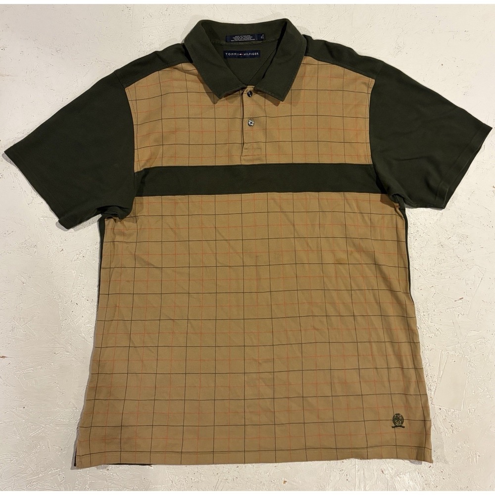 Vintage Tommy Hilfiger Polo Shirt Mens XL‎ Preppy Green Beige Striped Golf